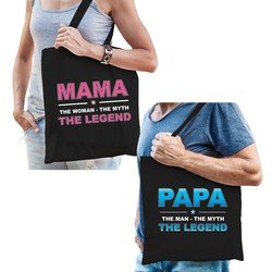 Bellatio Mama en Papa the legend tasje - Cadeau boodschappentasjes set voor Papa en Mama - Moederdag en Vaderdag cadeautje - Feest Boodschappentassen