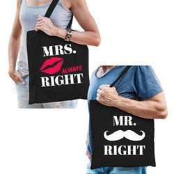 Bellatio Bruiloft cadeau Mr Right en Mrs always Right tasje voor volwassenen - Huwelijk cadeau koppel tasjes - Feest Boodschappentassen