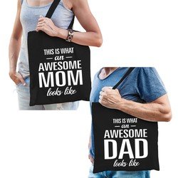 Bellatio Awesome Mom en Awesome Dad tasje - Cadeau boodschappentasjes set voor Papa en Mama - Moederdag en Vaderdag cadeautje - Feest Boodschappentassen