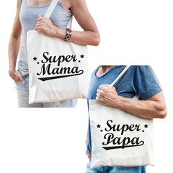 Bellatio Super papa en Super mama tasje - Cadeau boodschappentasjes set voor Papa en Mama - Moederdag en Vaderdag cadeautje - Feest Boodschappentassen