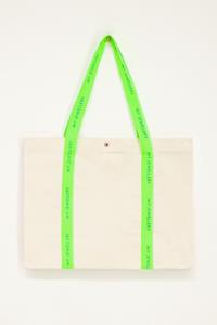 My jewellery Beige canvas shopper met neon groen hengsel