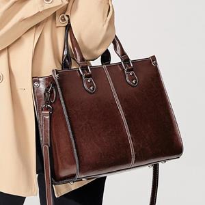 Trapeze Bag Women Oil Wax Stitching Leather Handbags European and American Style Cowhide All-match Single-shoulder Messenger Bag
