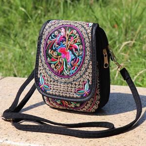 Yogodlns Popular Yunnan Ethnic Style Mobile Phone Bag Double Layer Flap Canvas Bag Embroidered Bag Embroidered Mini Bag Zero Wallet