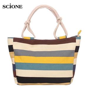 SCIONE Large Capacity Shopping Mummy Folding Canvas Women's Stripes Beach Handbag Shoulder Soft Handle Bag