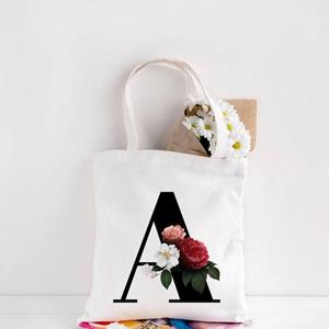 Jiangkao Black Capital Letter Print Women's Canvas Shoulder White Bag Ladies Fashion Casual Reusable Shopping Large Capacity Tote Bag