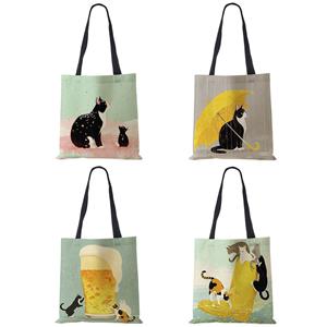 VIA ROMA Customized Cartoon Cat Print Korean Tote Bag For Women Reusable Shoulder Bags For Groceries Folding Travel School Bags Pouch