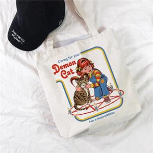 Aidegou18 Ladies Canvas Shopping Bag Female Canvas Bag Satan Devil Cat Eco Handbag Tote bag Reusable Shopper Bags Women sac shopping