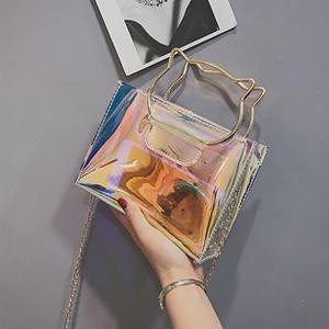 Moonbiffy-Bags Women Transparent Bag Clear PVC Jelly Small Tote Messenger Bags Laser Cat Type Chain Flap Bags