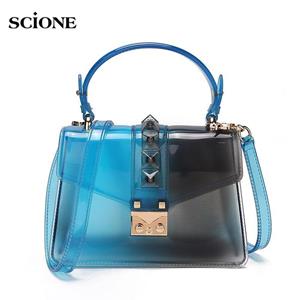 SCIONE New Fashion Portable Gradient Transparent Jelly Bag Rivet Candy Bag Shoulder Messenger Square Bag
