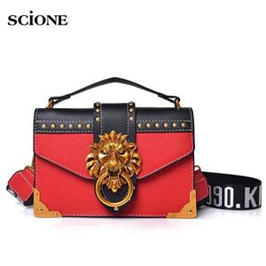 SCIONE Crossbody Bag Lion Head Wide Shoulder Strap Shoulder Bag Handbag Metal Lady Handbag Bag