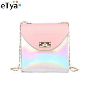 ETya Nieuwe mode schoudertas voor vrouwen pu lederen kleine mini laser vrouwelijke messenger tas met chian roze zwarte handtassen reizen