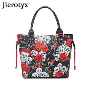 Jierotyx Fashion Rose Flower Gothic Handbags Women Halloween Gift Gothic Handbag Bags Great Quality Canvas Bag Ins Girls Skeleton Skulls