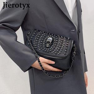 Jierotyx New Design Women Shoulder Bag Vintage Punk Skull Tote Black Leather Crossbody Bags Fashion Rivet Hot INS Great Quality