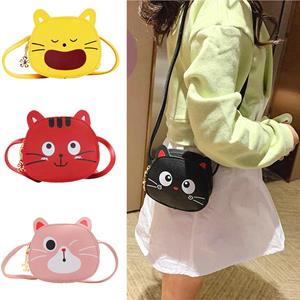 Eggplant pot Infant Baby Kids Girls Bags Waist Bags Shoulder Bags Leather Cute Kitty Cat