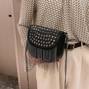 Jierotyx Original Design Women Bags Leather Diamonds Shoulder Bags Sexy Rivet Shoulder Bag Lady Small Black Tassel Chains