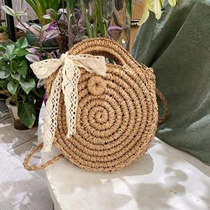 Yogodlns Summer Bow Knitted Straw Shoulder Bag For Women Woven New Handmade Rattan Round Crossbody Bag
