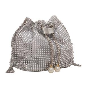 Crossbody Bag Rhinestone Women Shoulder Bag Chain Crossbody Bucket Handbag Purse (Silver)