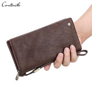 CONTACTS Genuine Leather Men's Long Wallet Male Clutch Purses RFID Wallets Zipper Large Capacity Card Holder