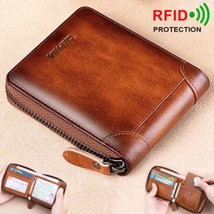 Leather Fashion Bags Genuine Leather Wallet For Men RFID Blocking Bifold Zipper Wallets Top Layer Cowhide Multi Function ID Credit Card Holder Coin Bag