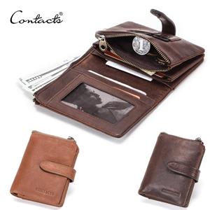 CONTACTS CONTACT'S RFID Crazy Horse Cow Leather Men Wallet Card Holder Coin Purse Zipper Small Male Money Bag Brand Wallets