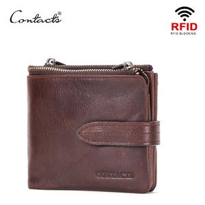 CONTACTS CONTACT'S RFID Crazy Horse Cow Leather Wallet Men Card Holder Coin Purse Zipper Small Male Money Bag Brand Wallets