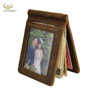 Leather Products Quality Leather Men Magnetic Money Clip Wallet Business Card Photo Holder Case Design Front Pocket Wallet Mini Purse Male