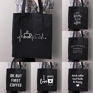 Aidegou17 Eerste koffie afdrukken canvas winkelen zwarte tassen moeder leven vrouwen katoenen gesp tote tassen vrouwelijke shopper leraar student boek tassen