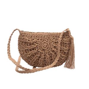 Handmade Charm Bag Women Semi Circle Tassel Bag Moon Straw Shoulder Messenger Bags Summer Travel Rattan Knitting Handbag