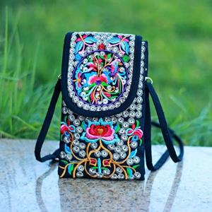 Yogodlns New Ethnic Style Embroidered Bag Women Mobile Phone Bag Flap Canvas Bag Crossbody Bag Double Layer Zero Wallet