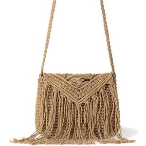 Handmade Charm Bag Straw Rattan Women Bag Summer Cotton Rope Hollow Tassel Knitting Net Flap Bag Chic Handbag