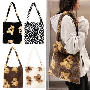DGyueguang Plush Tote Cute Bear Print Autumn Winter Top-handle Bag Shopping Bag Handbag Fluffy Shoulder Bag