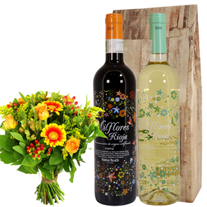 Boeketcadeau Bloemen en wijngeschenk Milflores Rioja wijn