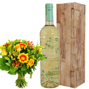 Boeketcadeau Milflores witte wijn + boeket bloemen