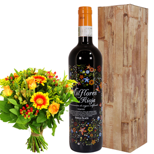 Boeketcadeau Milflores rode wijn + boeket bloemen