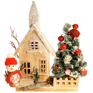 Boeketcadeau Huis van hout met kerstboom met kerstpop en kerstverlichting en batterijen