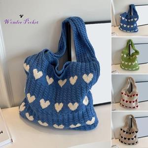 Wonder Pocket Bag Knitted Large Capacity Wide Shoulder Straps Heat Pattern Contrast Color Large Opening