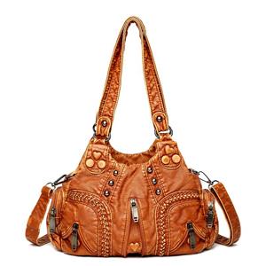 JINBAOSEN BAG Washed Pu Leather Women's Shoulder Bag Fashion Design Button Rivet Weave Crossbody Bag Vintage Large Handbag Female Travel Totes