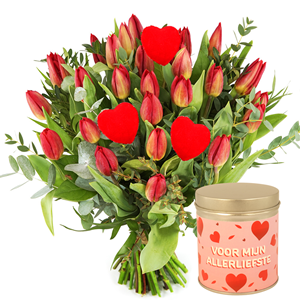 Boeketcadeau Boeket rode tulpen + 1 hartje + blikje voor mijn allerliefste met hartjes snoep