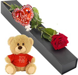 Boeketcadeau Luxe zwarte geschenkdoos met rode roos met hartjes ballon + knuffelbeertje i love you met rood shirt