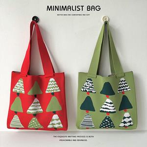 VIA ROMA Creative Cartoon Christmas Tree Knitted Handbag Women Trend Large Capacity Student Bag Shoulder Bag