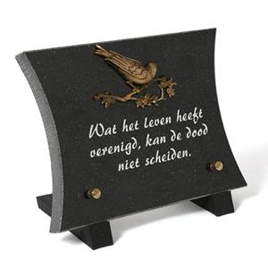 Gedenkartikelen Gedenksteen 15x20cm Hol met bronzen Vogel: Wat het leven heeft verenigd