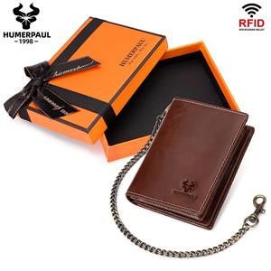 Humerpaul Gift box packaging Genuine leather Men wallet Rfid brush slim card bag anti-theft chain