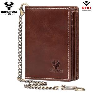 Humerpaul Genuine leather Men wallet Rfid brush slim card bag anti-theft chain
