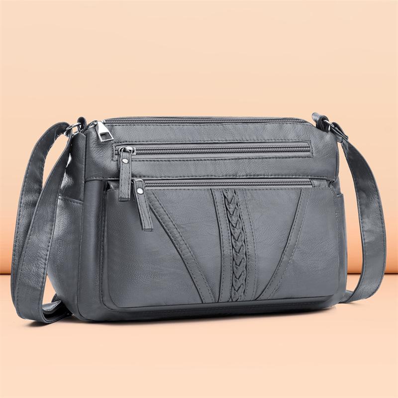 HUANZI BAG New Women's Shoulder Bag Water Washed Leather Soft Leather Crossbody Bag Vintage Fashion Simple Multi Layered Middle Aged Women's Mom Bag