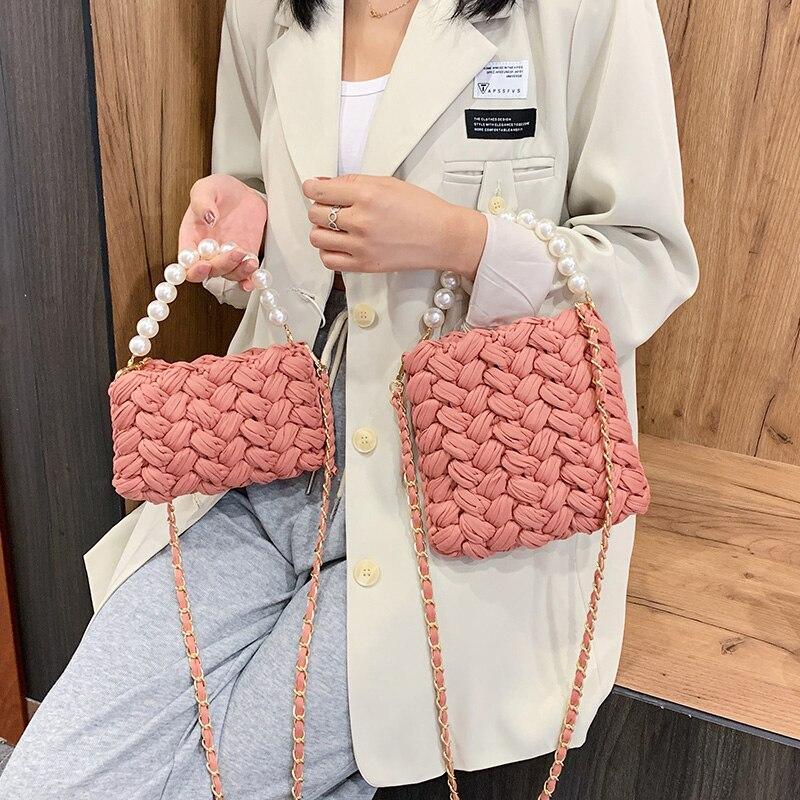 DUSUN BAG Purses and Handbags Handmade Cotton Crochet Women's Bag Pearl Chain Mini Portable Shoulder Crossbody Bag