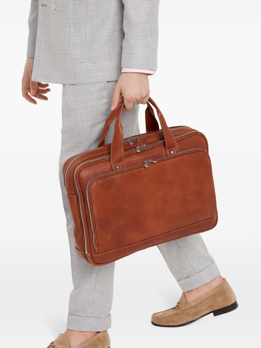 Brunello Cucinelli zipped leather briefcase - Bruin
