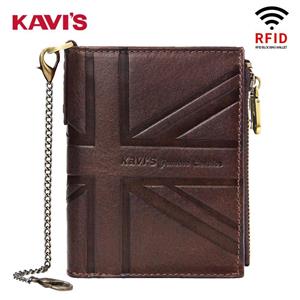 Kingdushi KAVIS Fashion Genuine Leather Men's Wallet Embossed Crazy Horse Cowhide Double Zipper Anti RFID Short Genuine Leather Zero Wallet