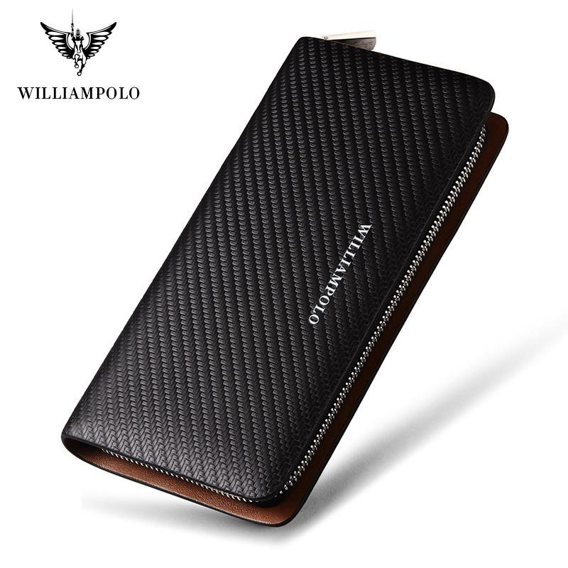 WILLIAMPOLO Original Brand 100% Leather Wallet Men Famous Long Knitting Pattern Wallet Men Luxury Brand Wallets