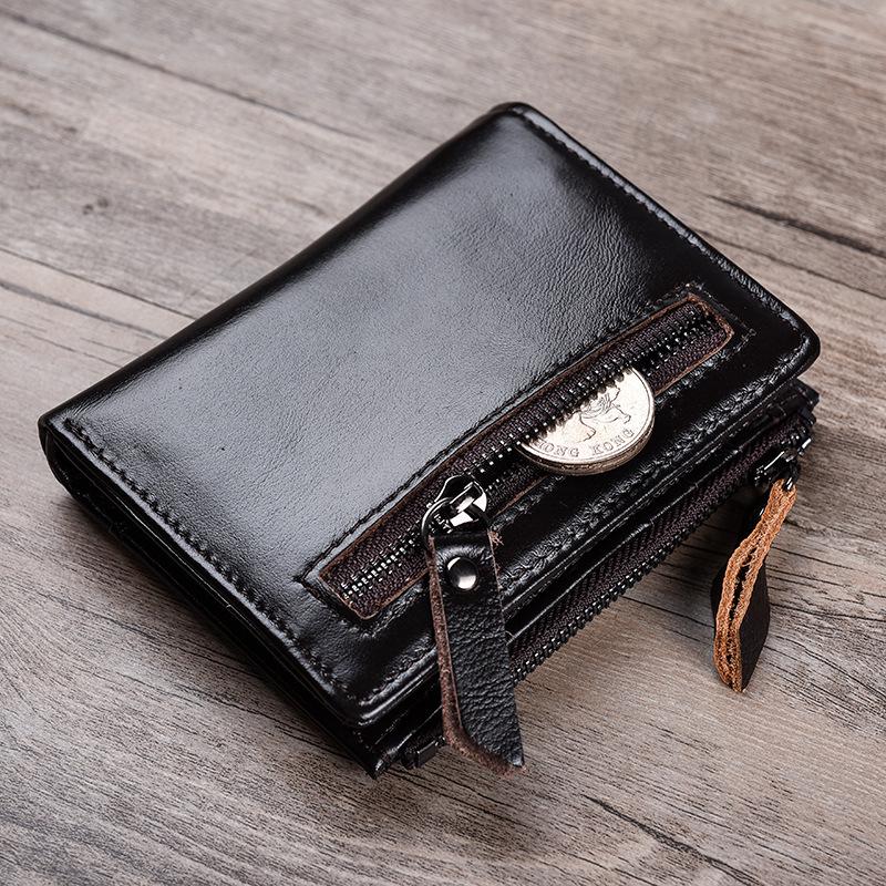Niubest Cowhide Oil Wax Leather Mens Wallets Rfid Retro Casual Double Zipper Short Slim Wallet