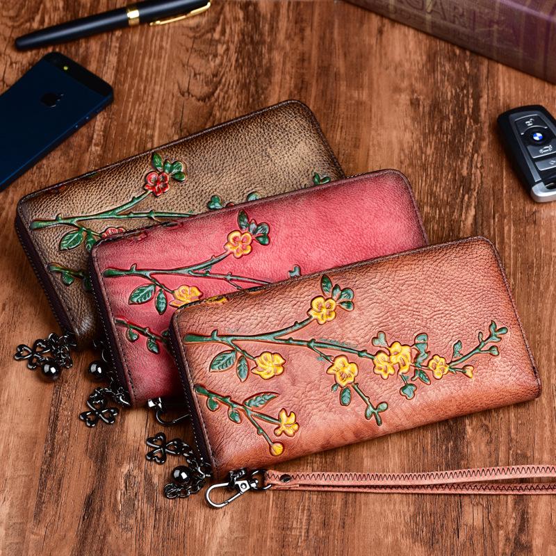 Gift Craft All Fit Plant Genuine Tanned Leather Long Wallet Women Retro Embossed Clutch Bag Vintage Style Zipper Wallets
